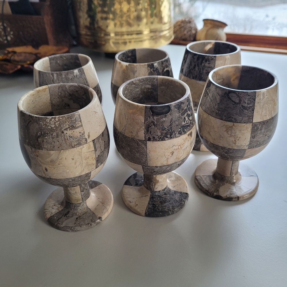 VINTAGE Checkered Stone Marble Goblet Cups Set of 6